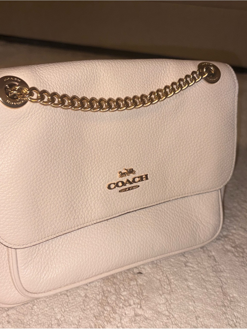 Coach Cream Pebbled Leather Shoulder Bag with Gold Chain Strap